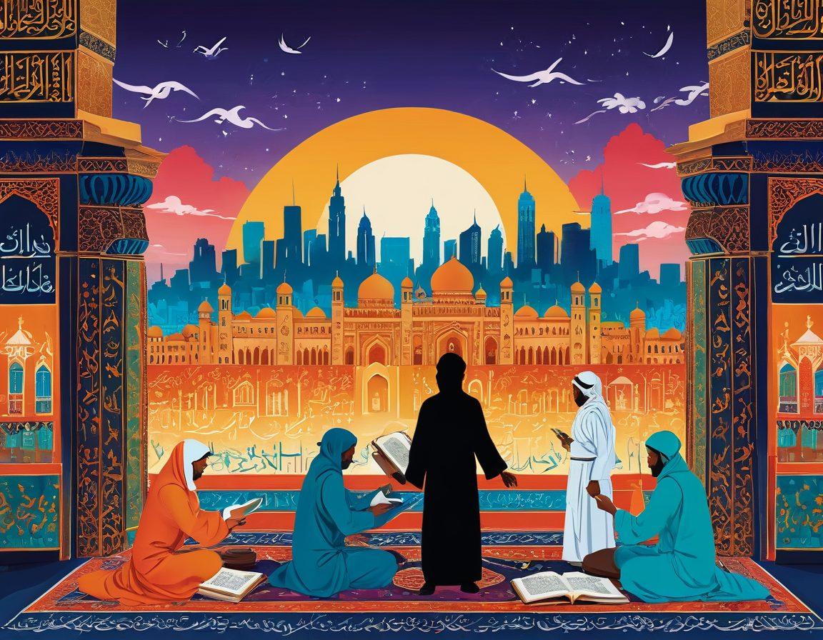An intricately designed Arabic calligraphy that gracefully weaves through a vibrant landscape of books, language symbols, and cultural artifacts. In the background, a silhouette of a cityscape showcasing traditional architecture merges with modern elements. Include a diverse group of learners engaged in vibrant discussions, reflecting unity and diversity in the learning experience. Colorful patterns and textures evoke the richness of Arabic culture. vibrant colors. artistic illustration.