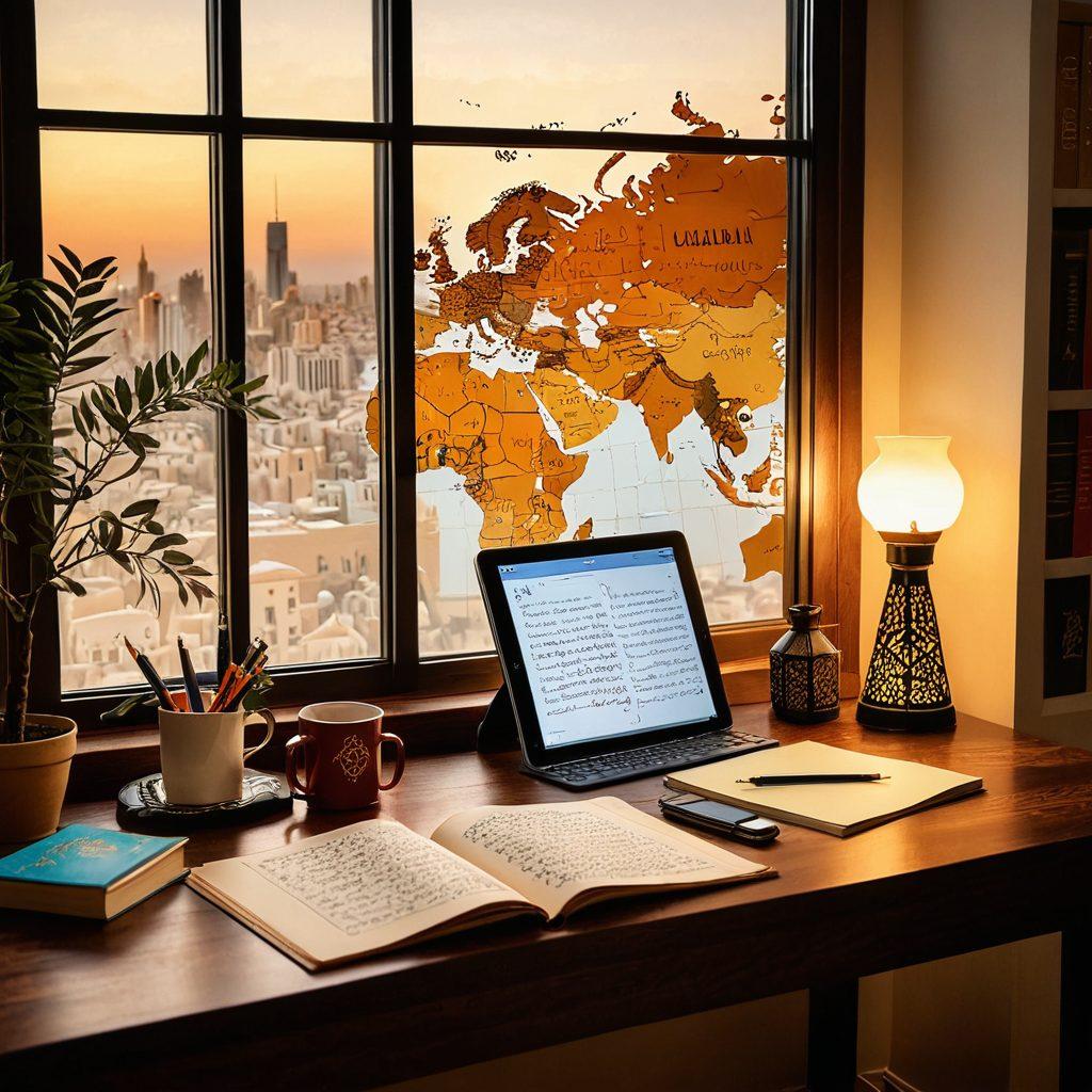 A vibrant and inviting study space featuring Arabic grammar books, vocabulary flashcards, and writing tools scattered across a wooden desk. A digital tablet displaying an interactive lesson on the side, with a warm cup of coffee adding a cozy touch. Soft light filtering through a window filled with decorative Arabic calligraphy. The background includes a world map emphasizing the Arabic-speaking countries. super-realistic. vibrant colors. warm tones.