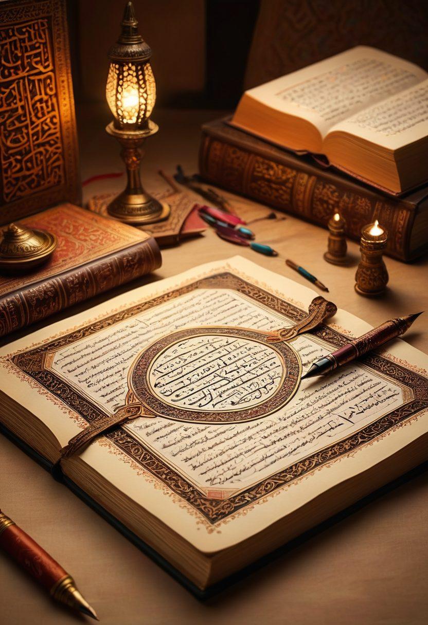 An open ancient book displaying Arabic grammar rules, with illuminated calligraphy and vibrant illustrations depicting language learning resources. Surrounding the book are traditional Arabic motifs and a quill pen, symbolizing scholarly pursuit. The background features a cozy study atmosphere with warm lighting, inviting learners to immerse themselves in the subject. super-realistic. vibrant colors. cozy ambiance.